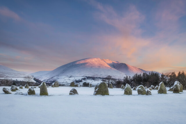 Castlerigg stone circle in the Lake District covered in snow