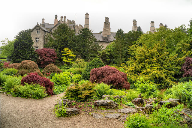 A view of Sizergh Castle and its rock garden