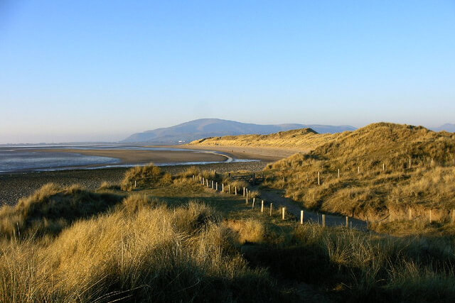 The grassy dunes and the sea beyond at Roanhead Beach
