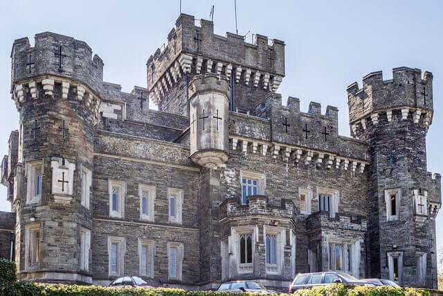 A front external shot of Wray Castle in the Lake District