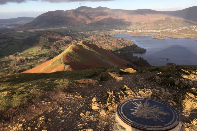 Summit of Catbells looking towards Keswick town and Skiddaw