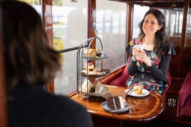 Cream tea on the move at the Ravenglass and Eskdale Railway, Cumbria 