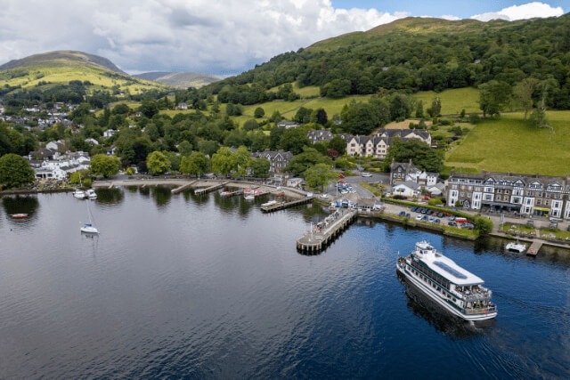 Aerial view of the Ambleside ferry on Lake Windermere